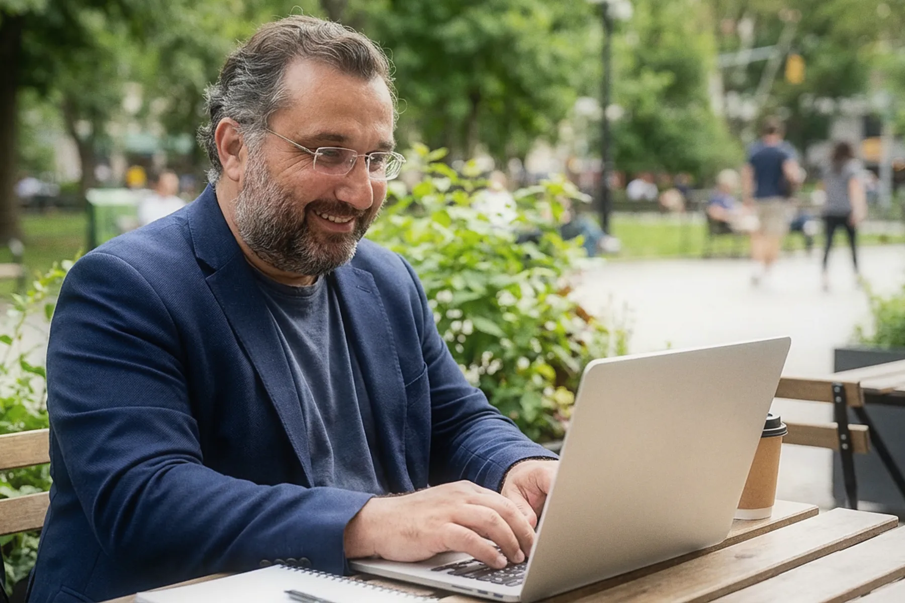 Sezgin Arslan smiling while typing on a laptop at an outdoor wooden table in a leafy park