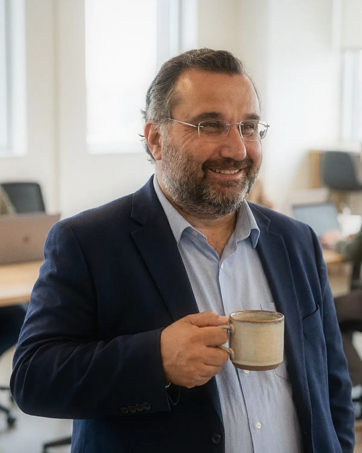 Sezgin Arslan smiling with a ceramic coffee mug in a bright office, coworkers at laptops behind him